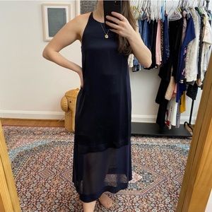 Club Monaco Navy Blue Drape Back Silk Midi Dress
